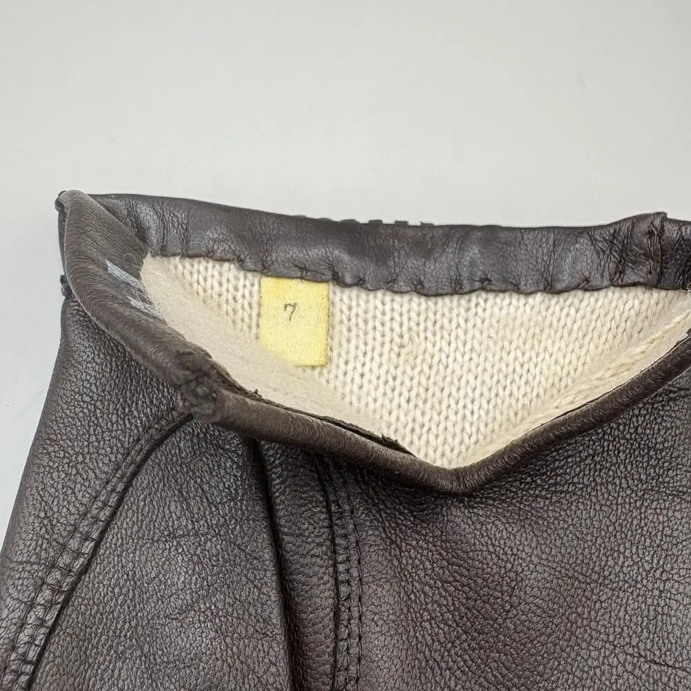 VTG Leather‎ Gloves Sz 7 Brown Knit Fabric Lined Unbranded Braided Embellished